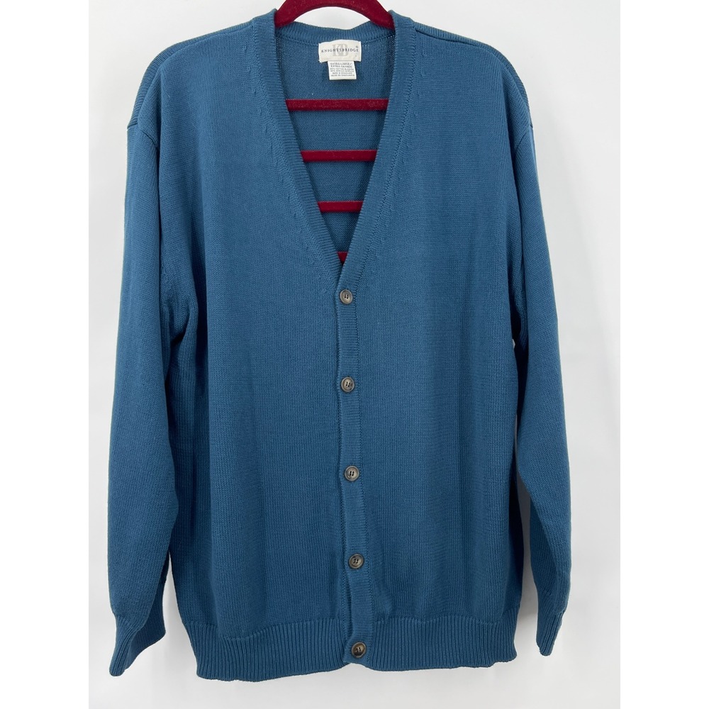 Men's XL Teal Blue V-Neck Cardigan Knit Sweater Cotton Blend‎ Grandpacore
